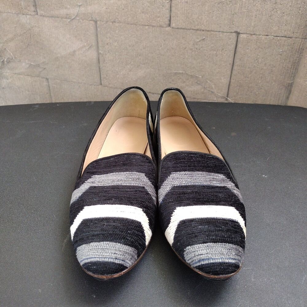 J. Crew Darby Fabric Loafers Womens Sz 8.5 Black Grey Cream Stripes Preppy Italy
